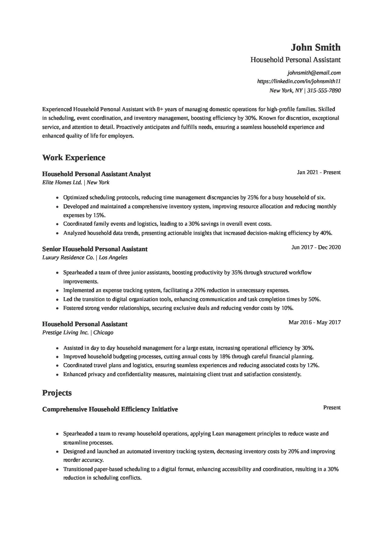 Household Personal Assistant Resume