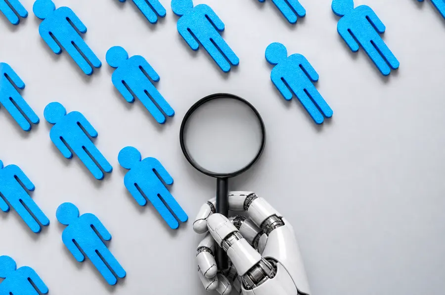 a robotic AI hand holds a magnifying glass while look for the right person for the job.