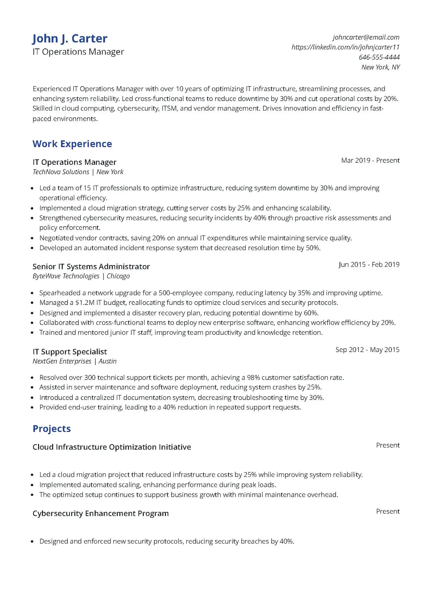 IT Operations Manager Resume