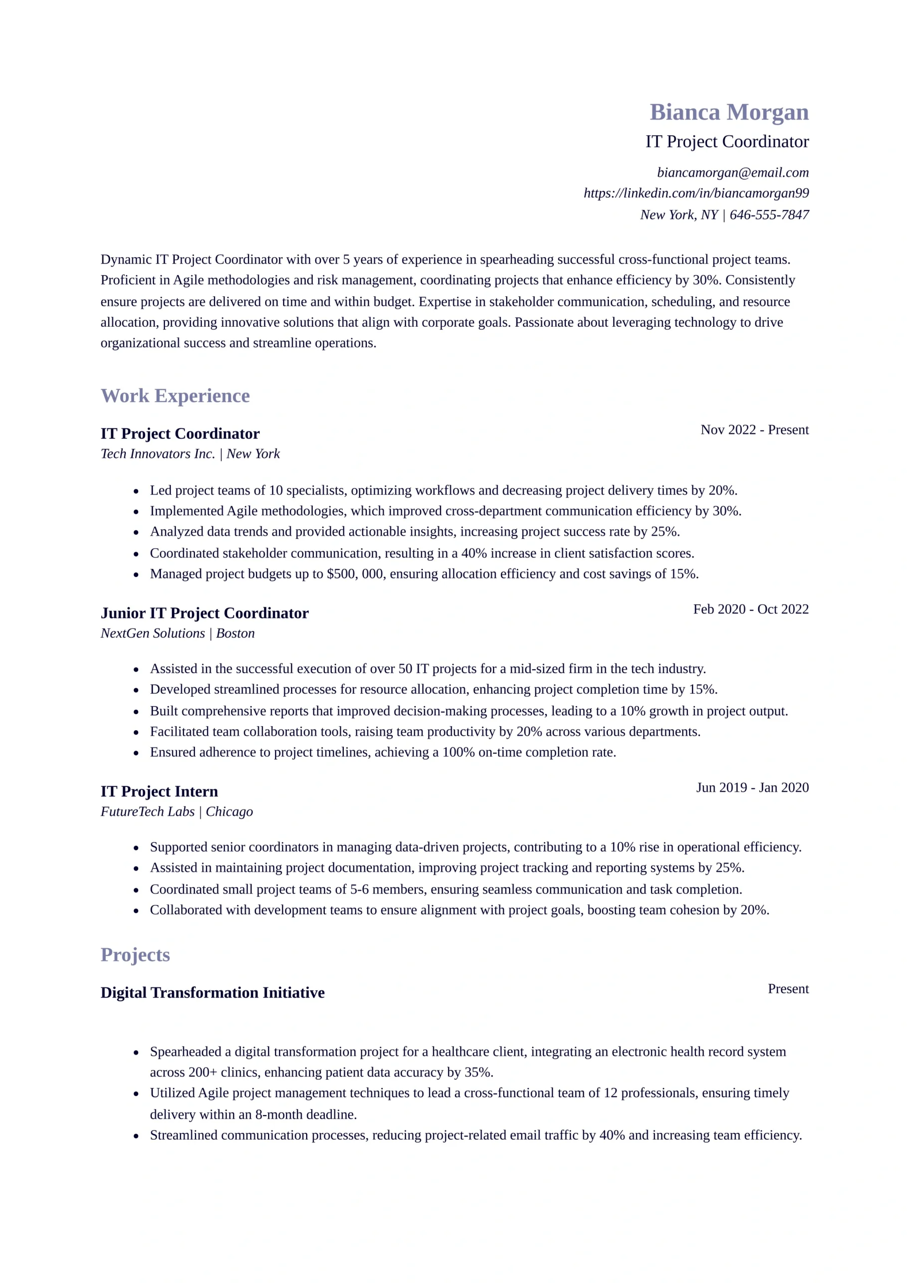 IT Project Coordinator Resume