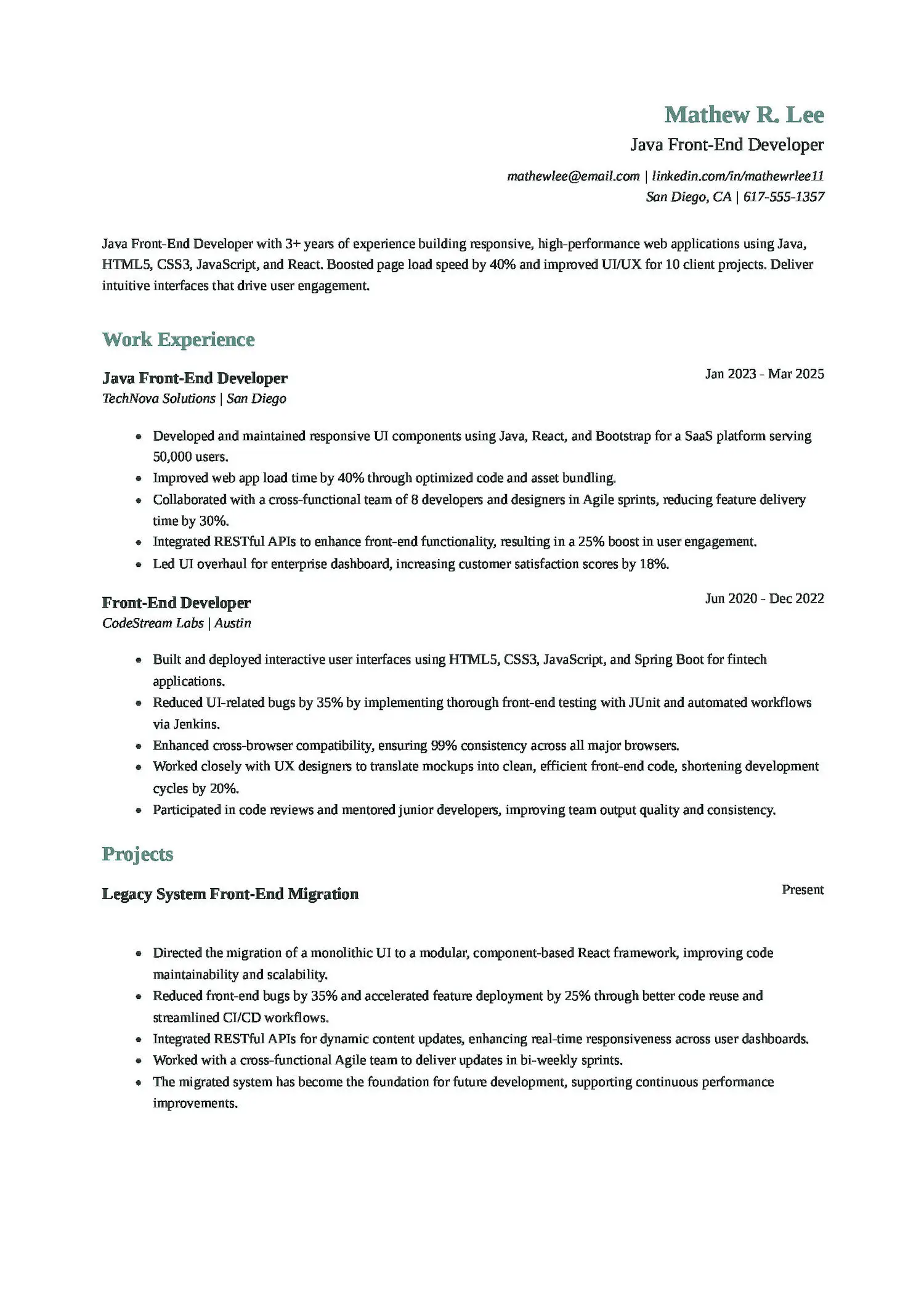Java Front-End Developer Resume