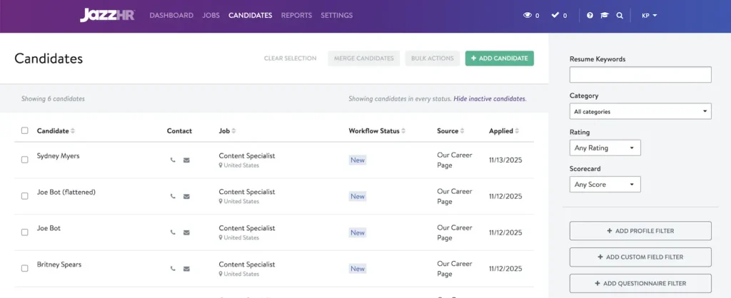 JazzHR ATS candidate view with the filter options in the side bar