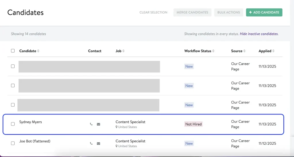JazzHR ATS not hired workflow status