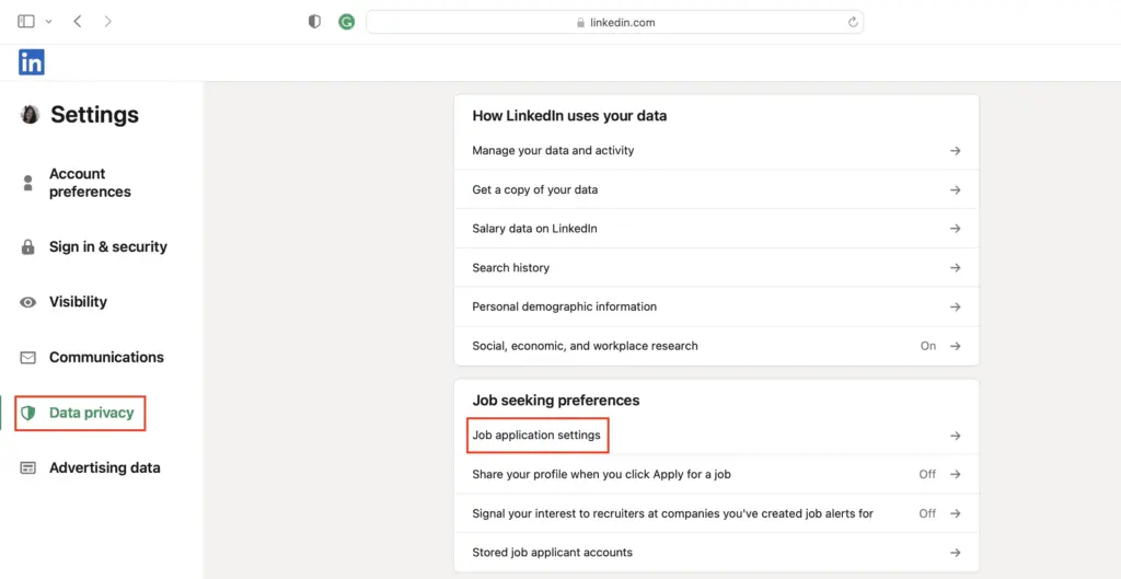 job application settings linkedin