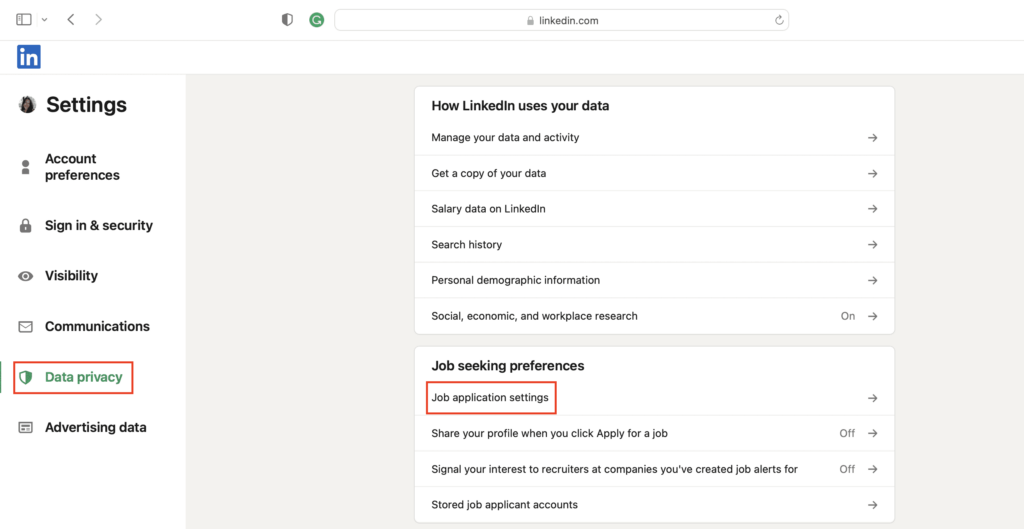 screenshot of LinkedIn's privacy page in profile settings
