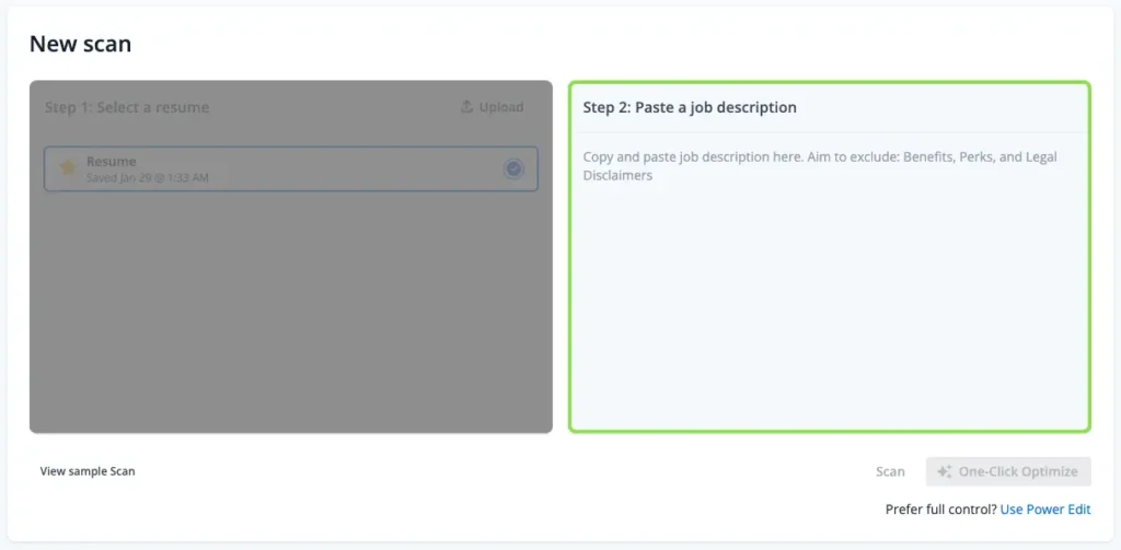 Step 2 of Jobscan's resume scanner - pasting the job description