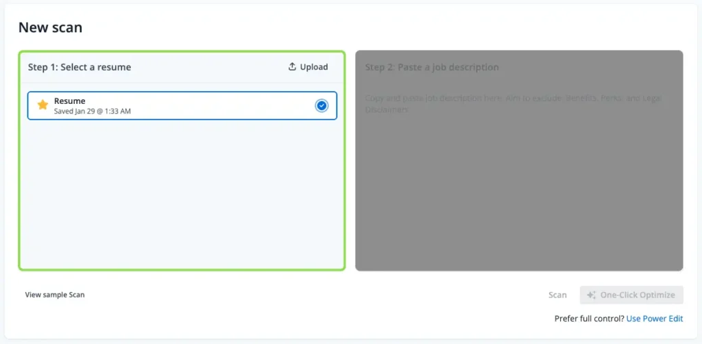 Step 1 of Jobscan's resume scanner - picking a resume.