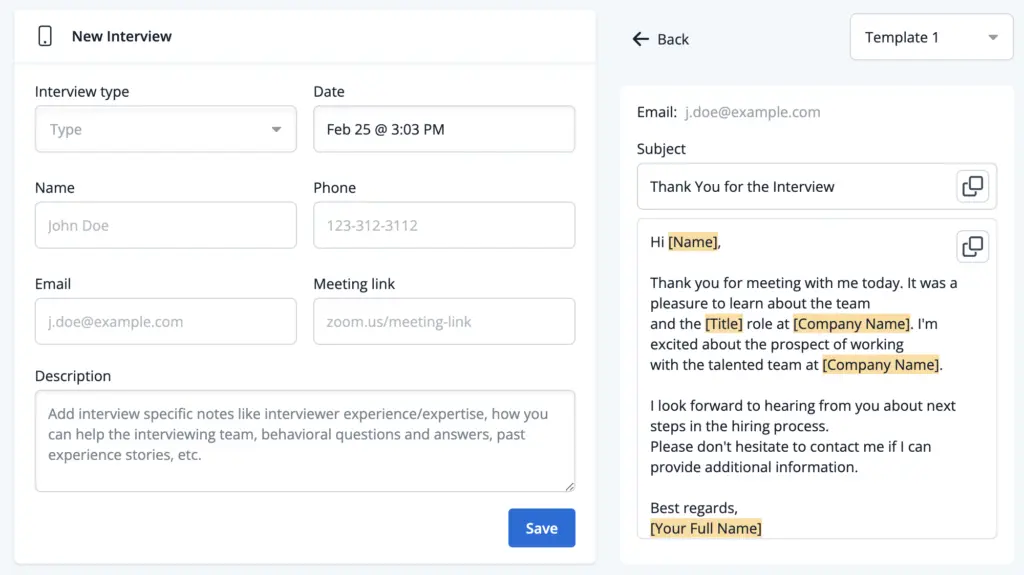 Jobscan's AI thank you note generator for post-intervew follow-up feature inside Job Tracker