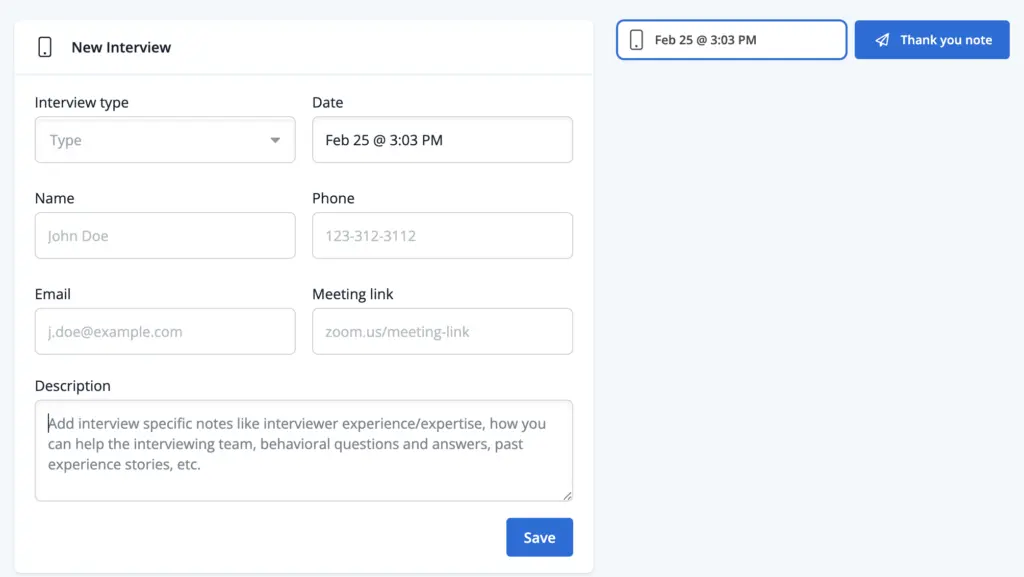 Jobscan's interview details and scheduling tab in Job Tracker