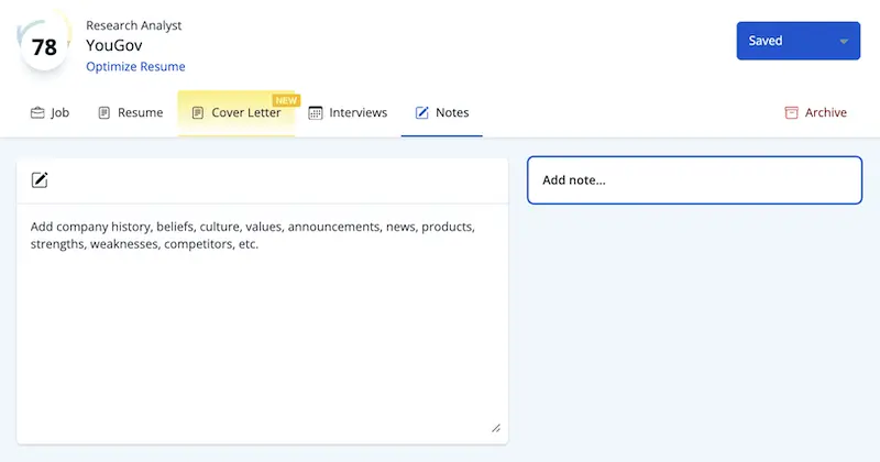 Jobscan's notes tab in Job Tracker