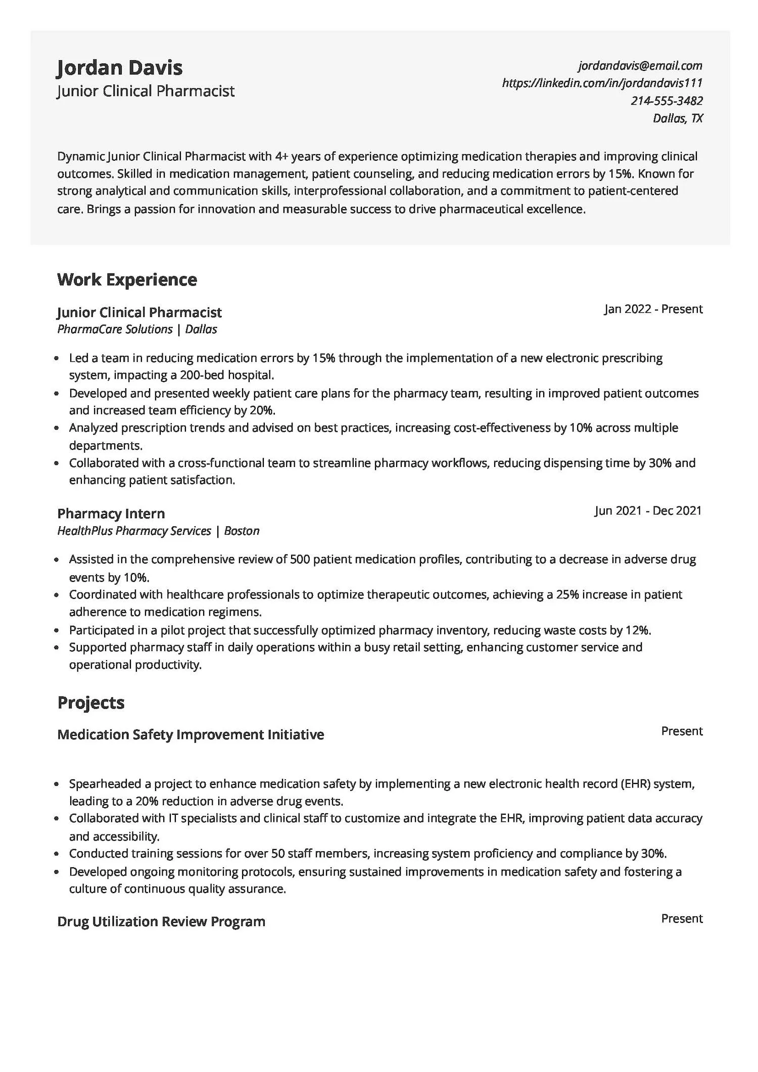 Junior Clinical Pharmacist Resume