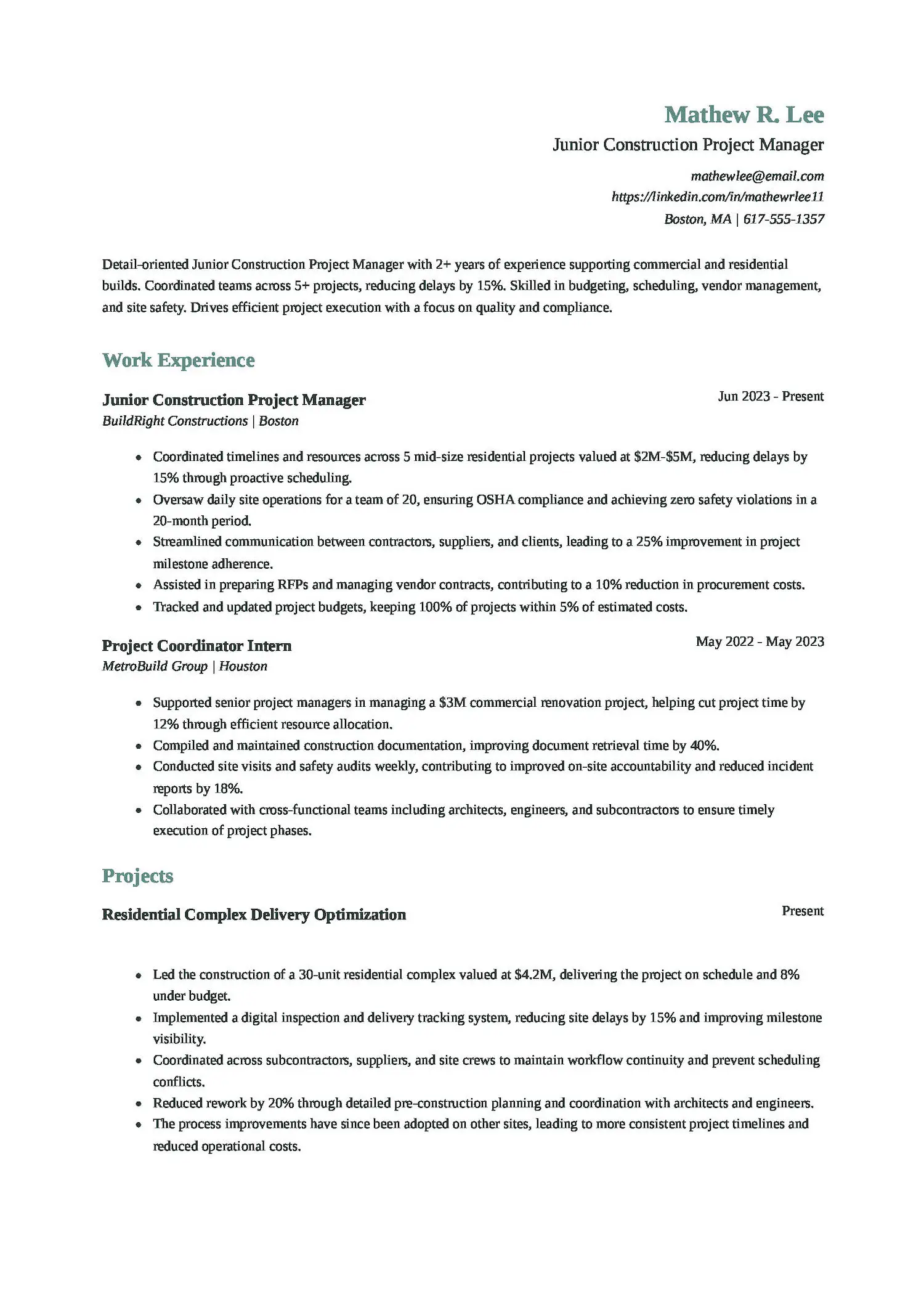 Junior Construction Project Manager Resume