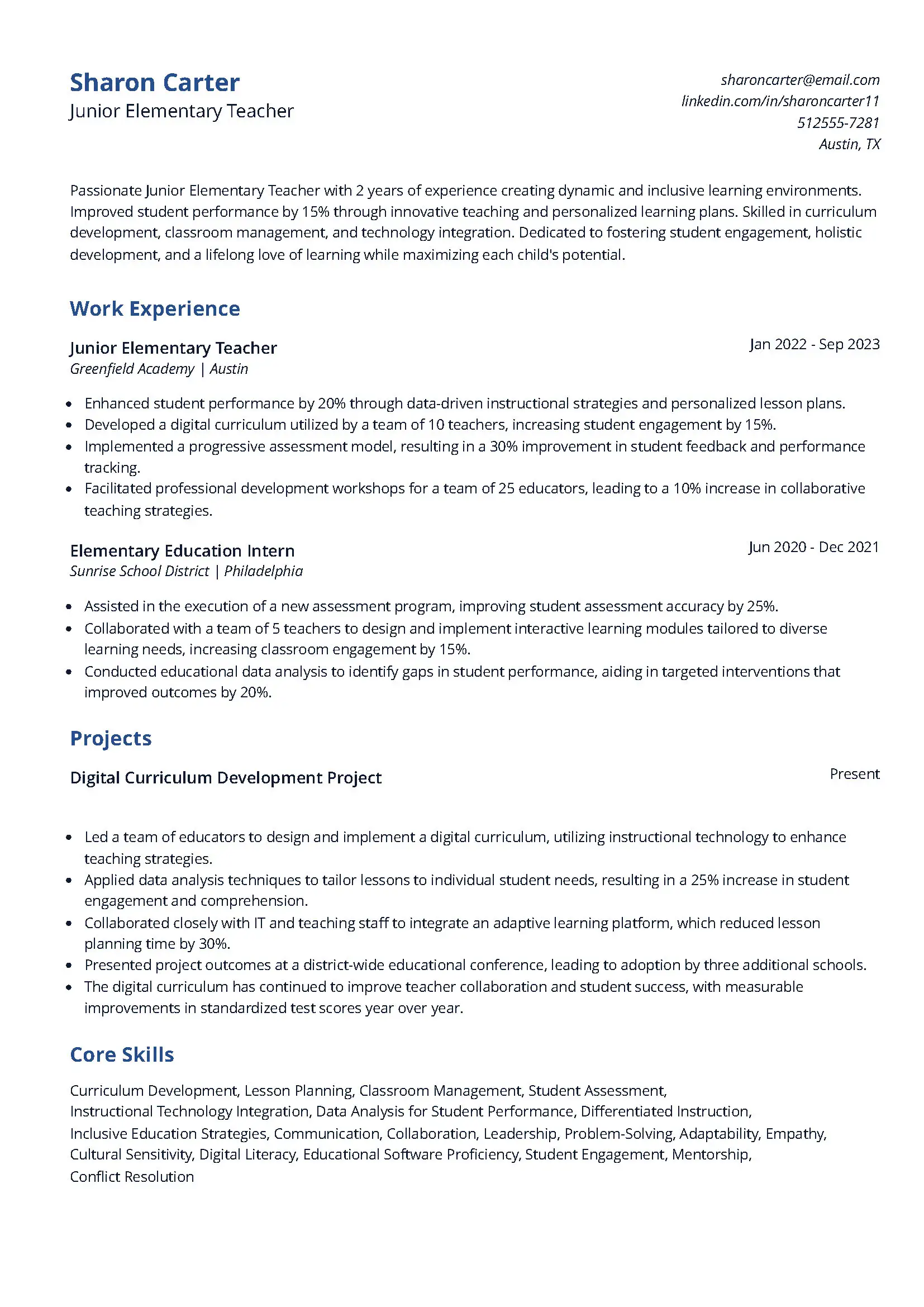Junior Elementary Teacher Resume