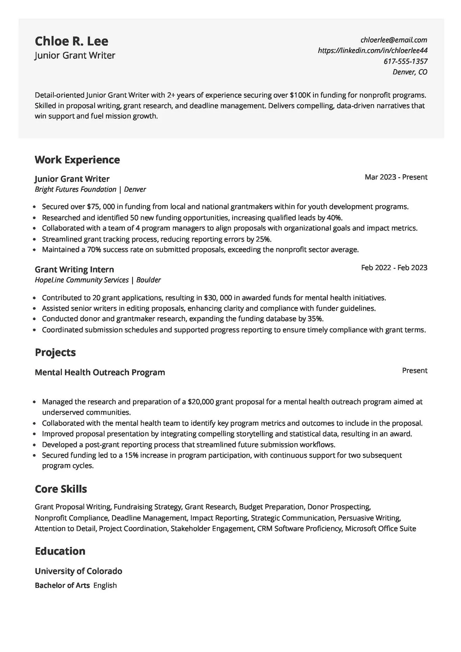 Junior Grant Writer Resume