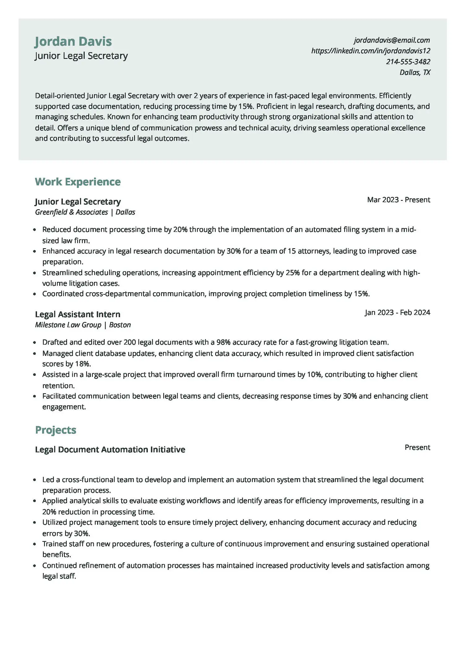 Junior Legal Secretary Resume