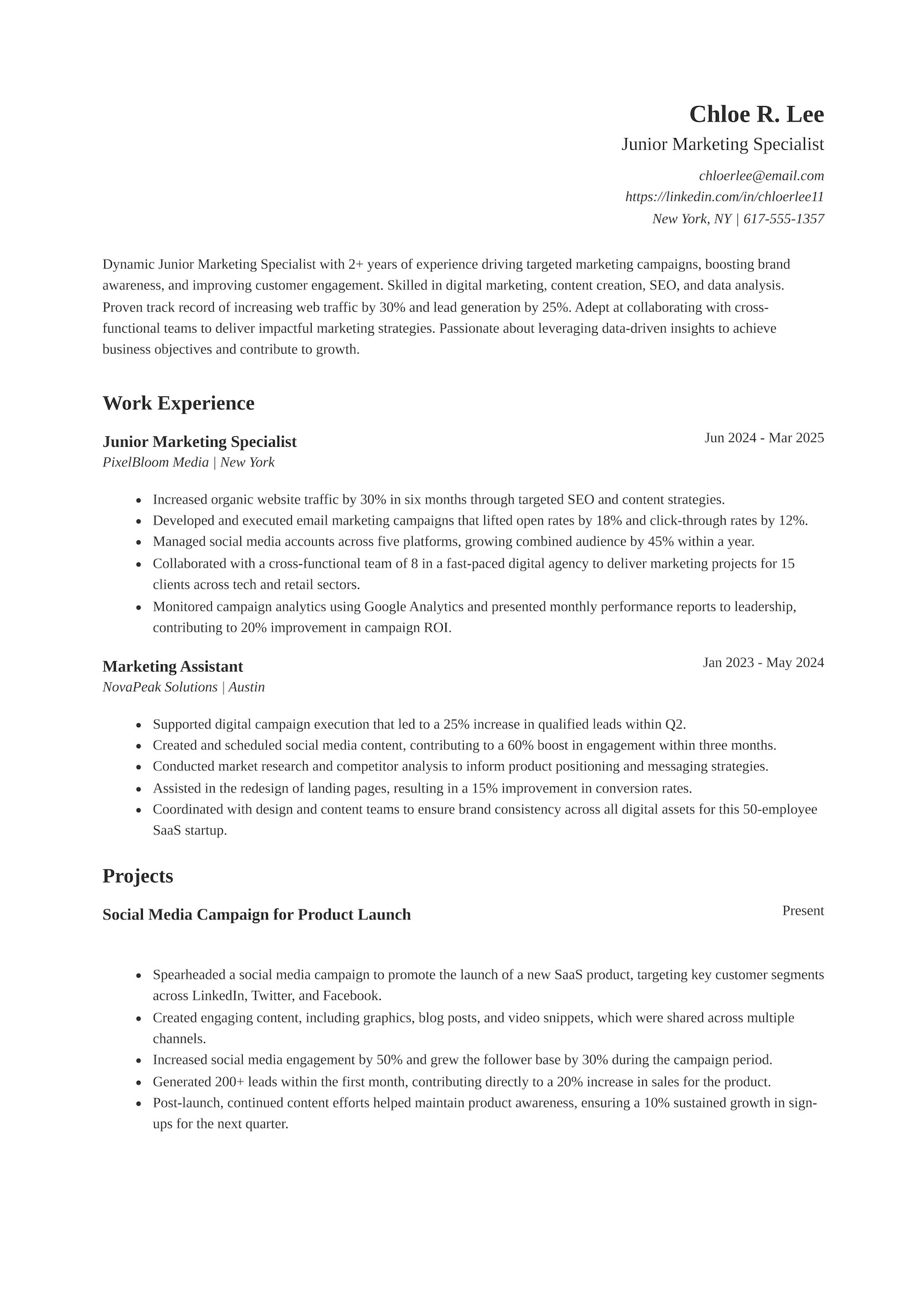 Junior Marketing Specialist Resume