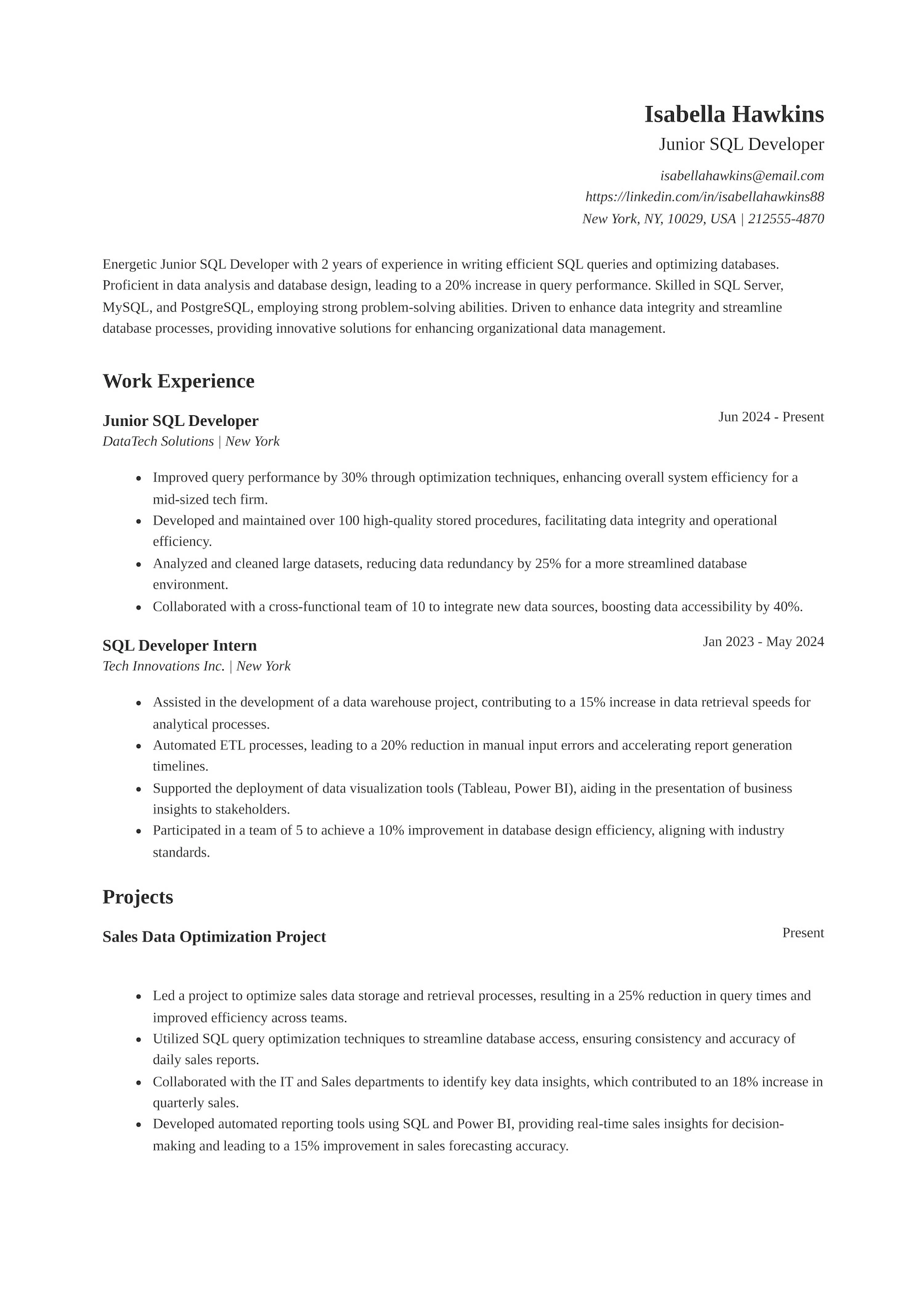 Junior SQL Developer Resume