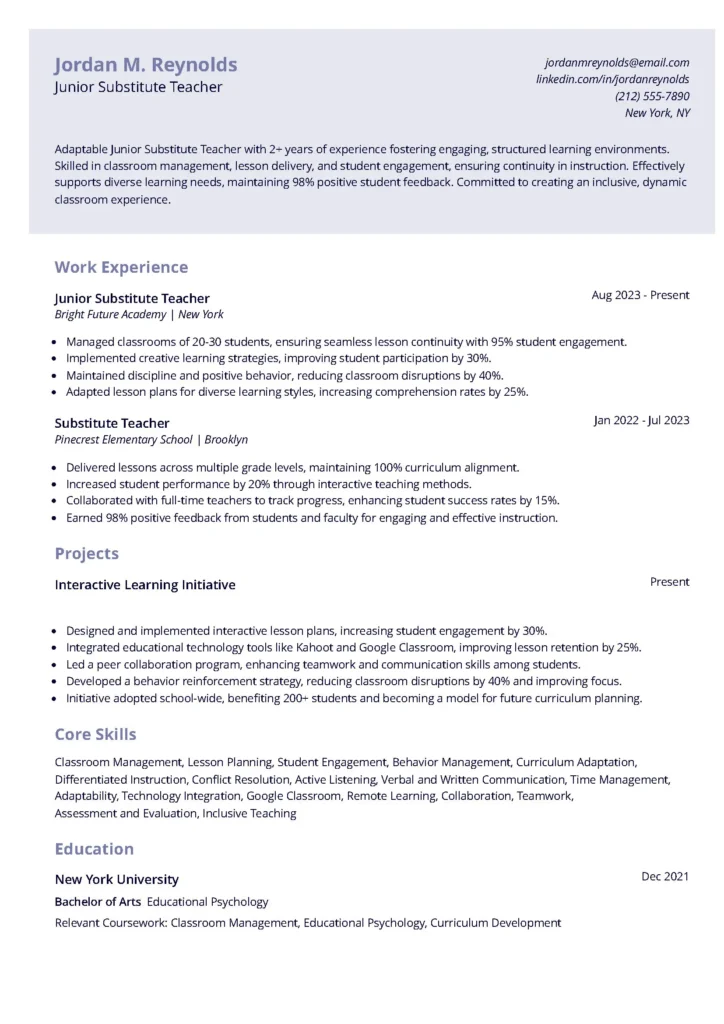 Substitute teacher resume