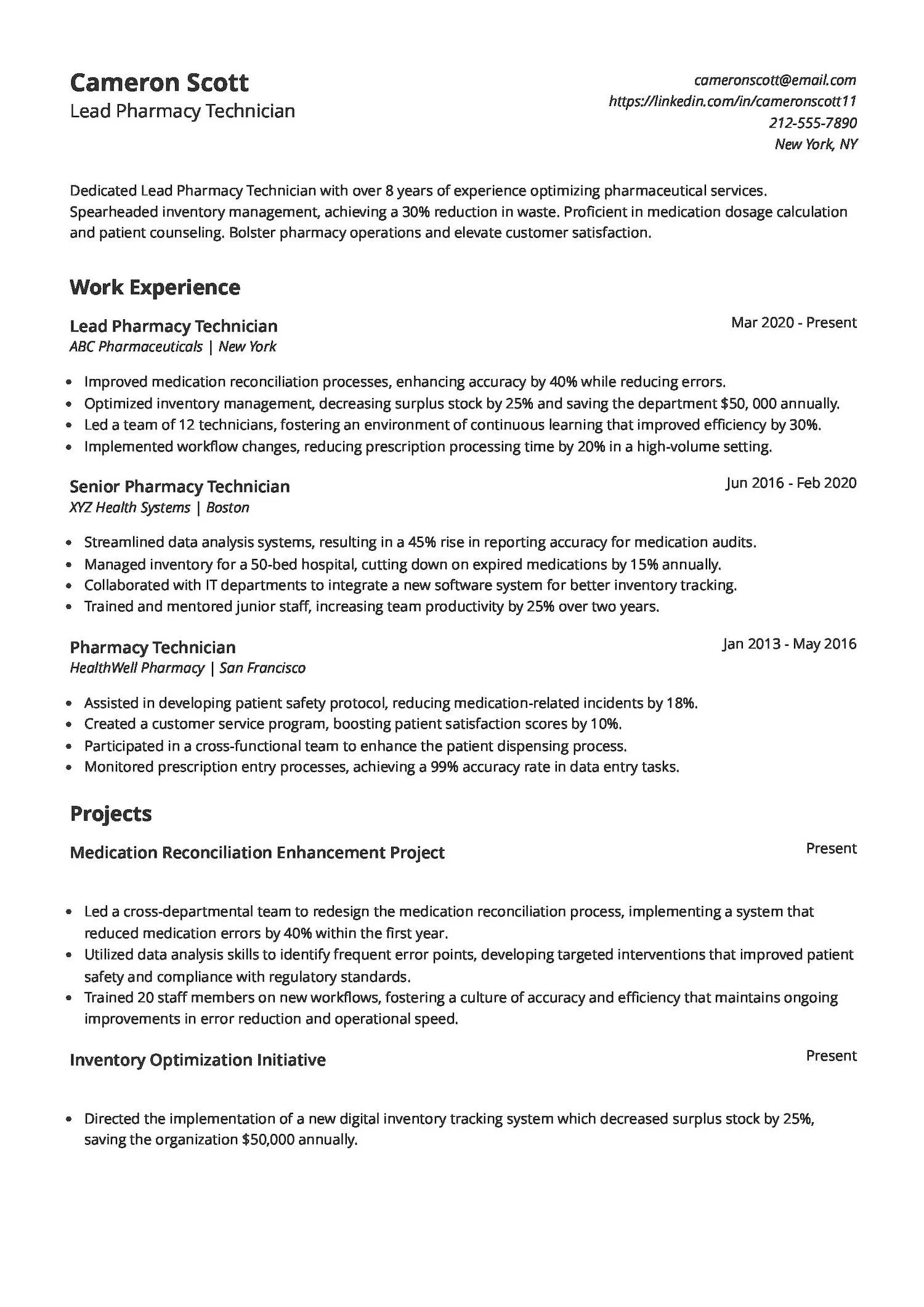 Lead Pharmacy Technician Resume