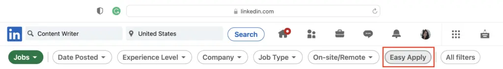LinkedIn Easy Apply Button Filters Section