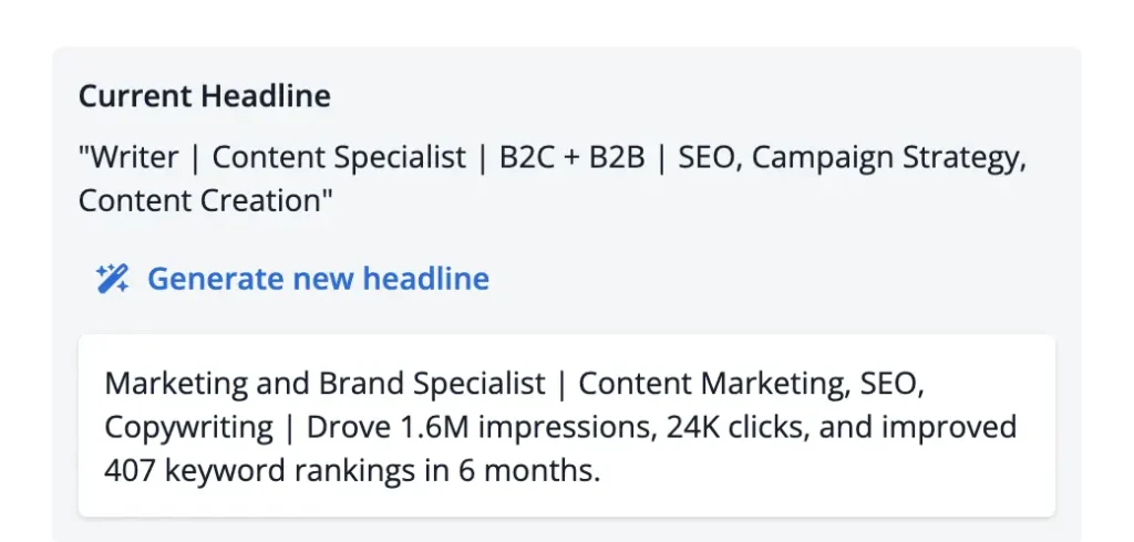 Image of the LinkedIn Optimizer Report, generating new headline