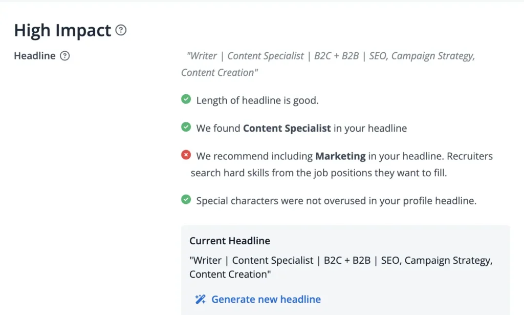 Image of the LinkedIn Optimizer Report, analyzing the headline impact
