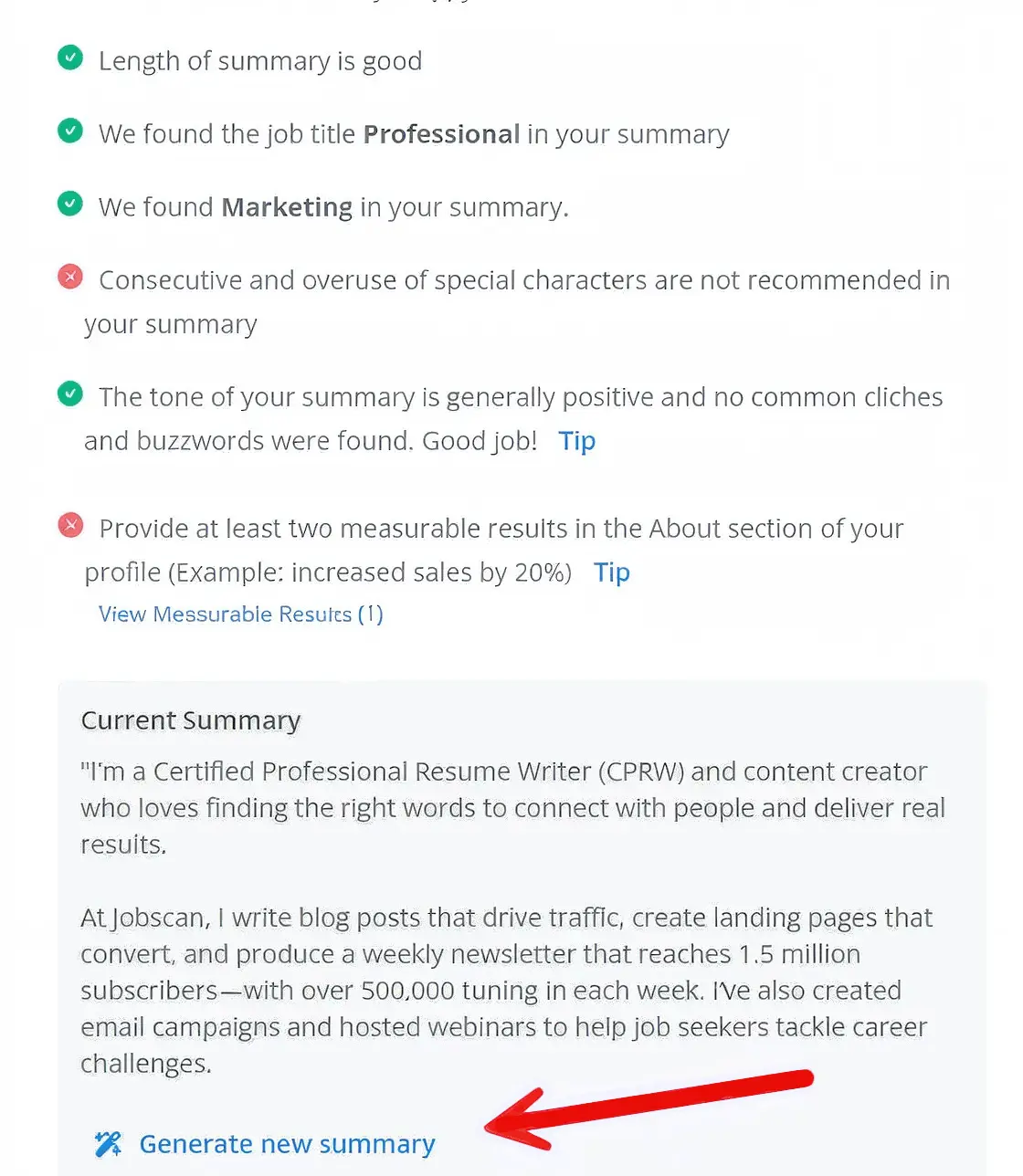 A screenshot of the AI summary generator section of Jobscan's LinkedIn Scan tool