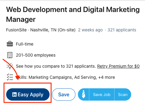 Screenshot showing the "Easy Apply" button on LinkedIn.