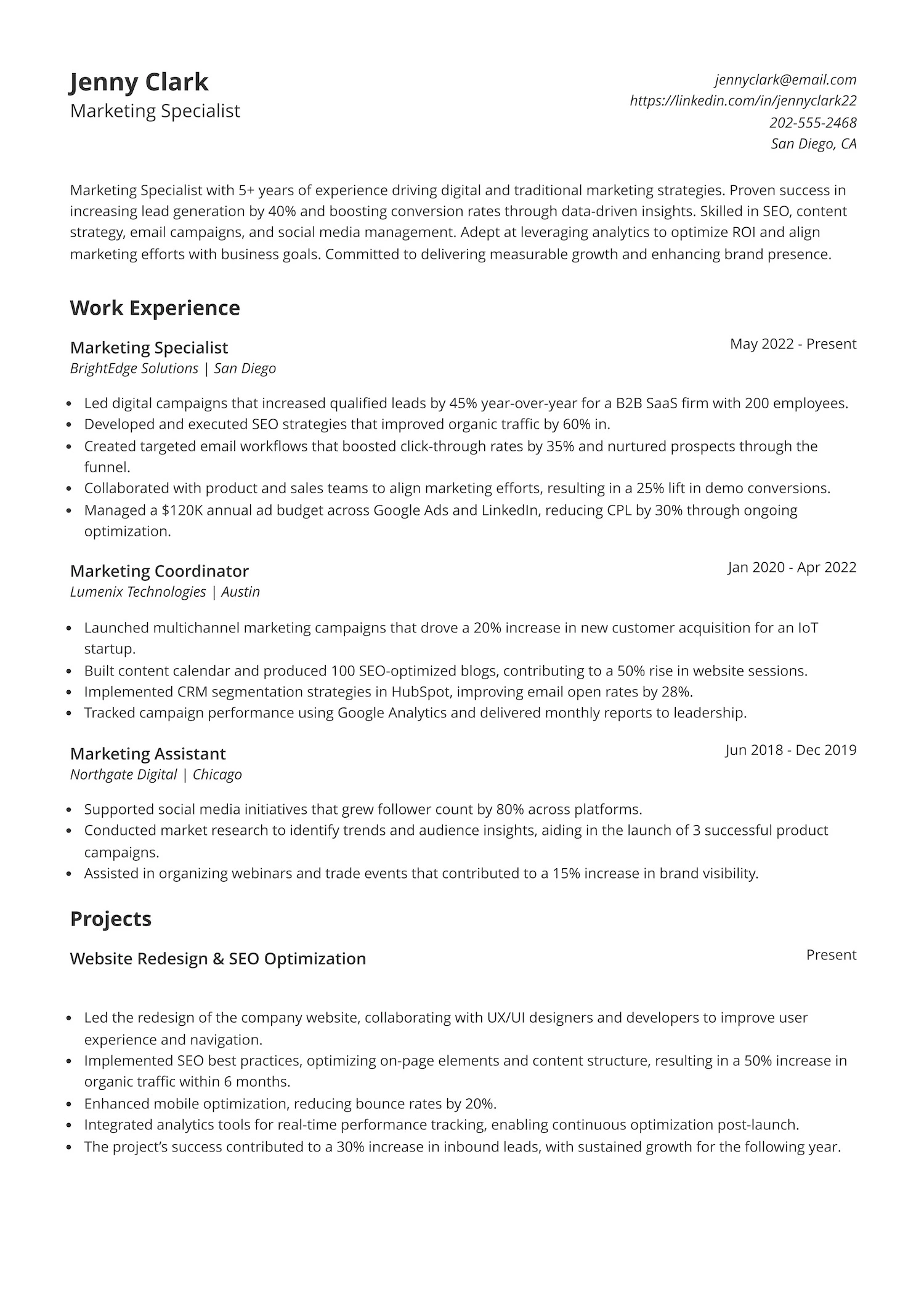 Marketing Specialist Resume
