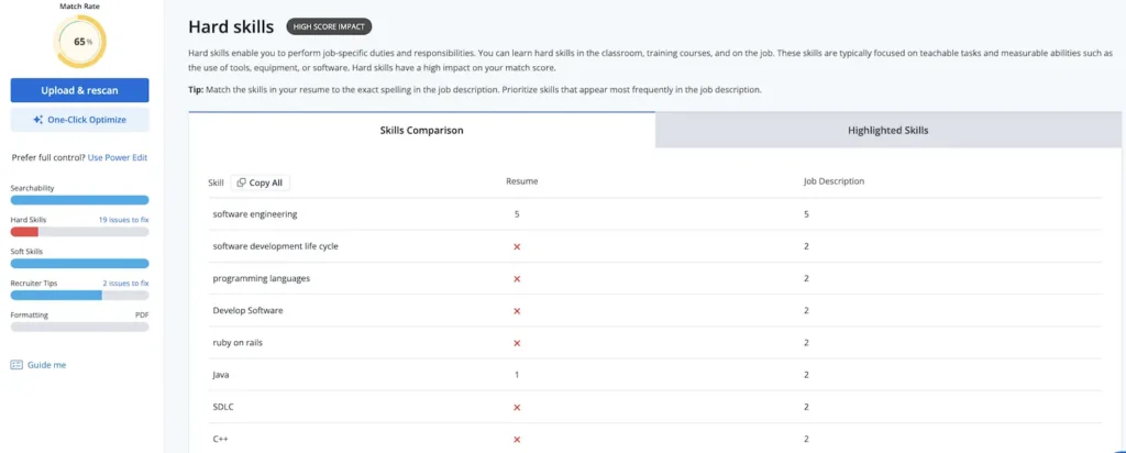 screenshot of match report hard skills section with One-Click Optimize