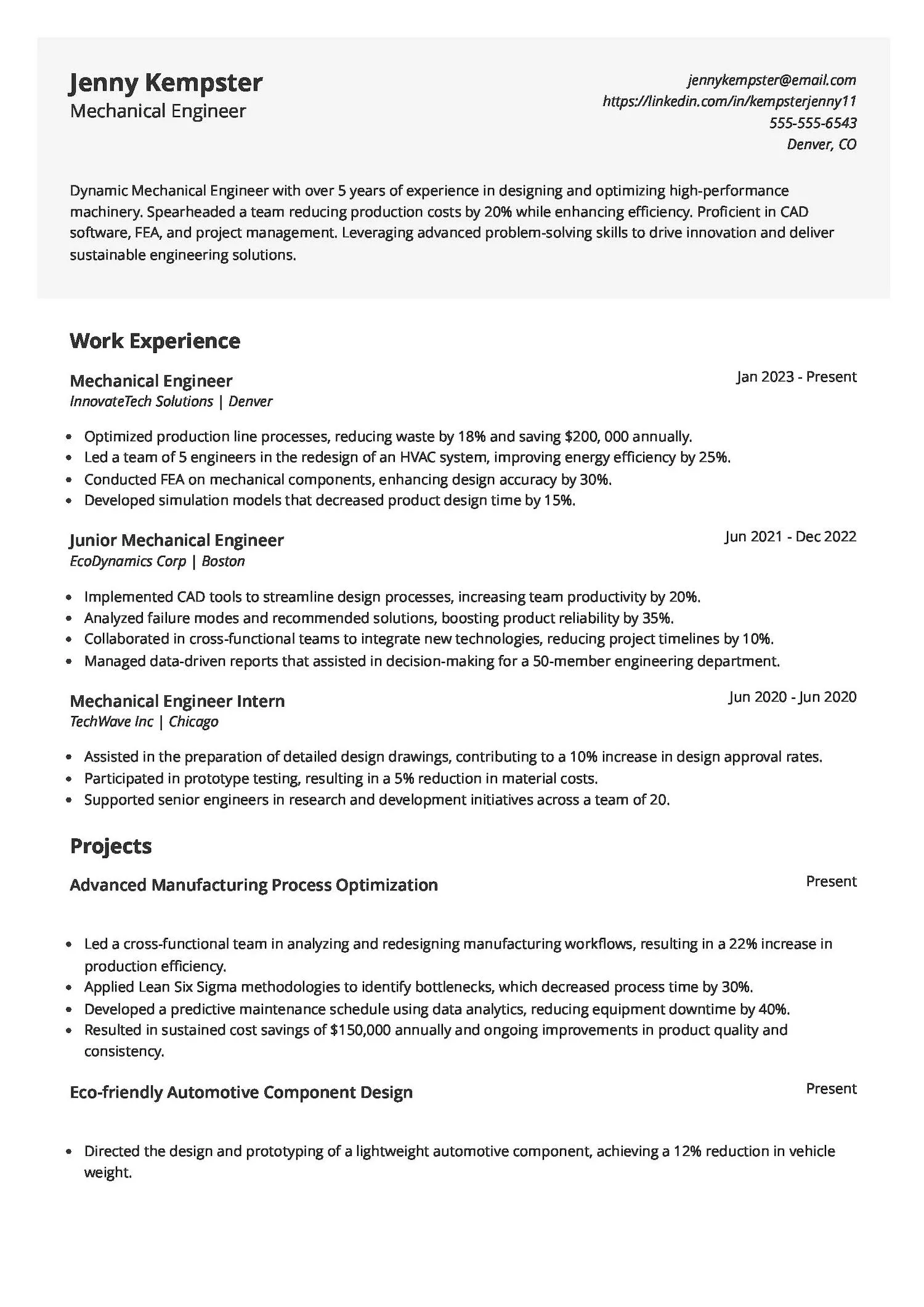 Mechanical Engineer Resume