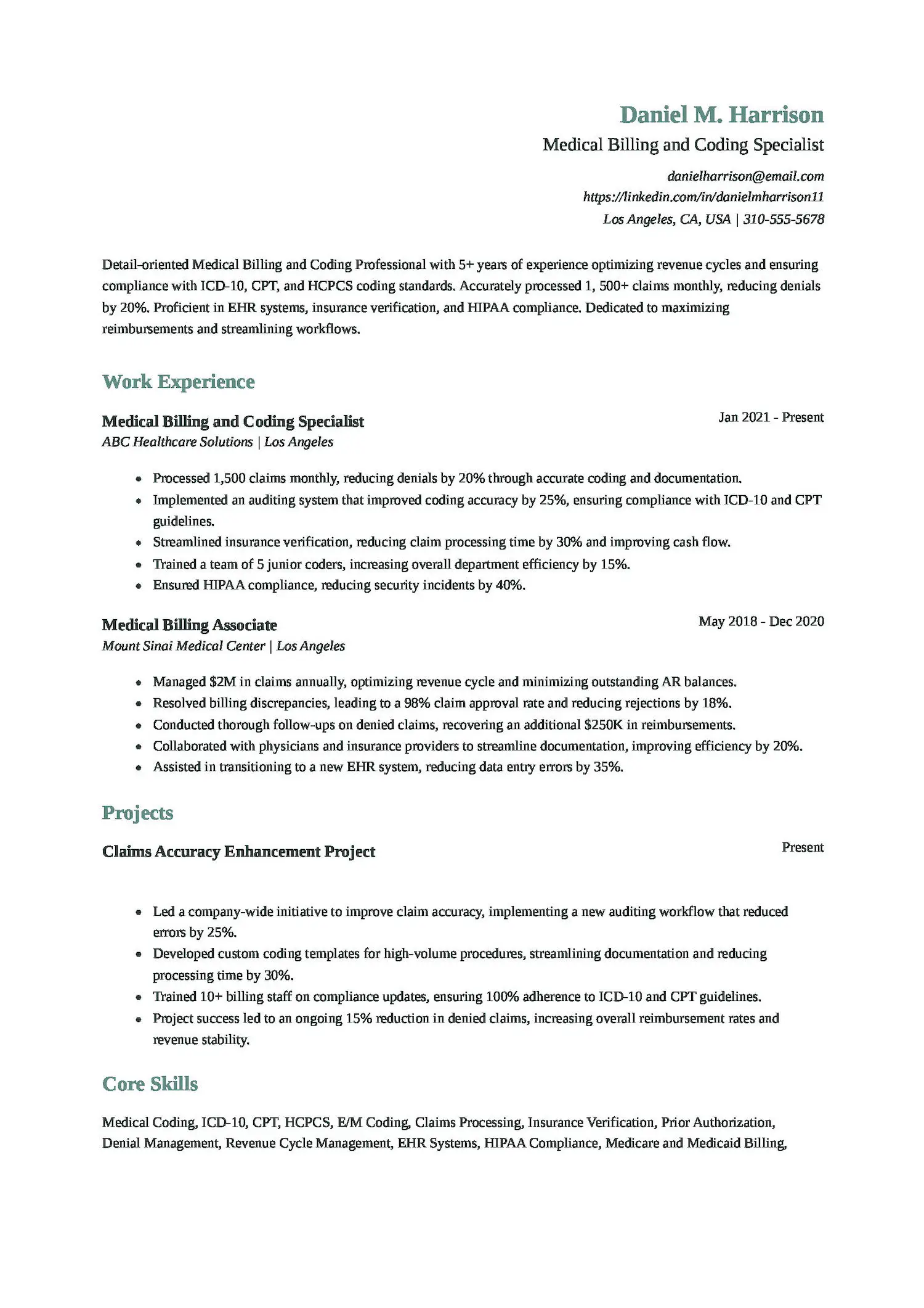 Medical Billing and Coding Resume
