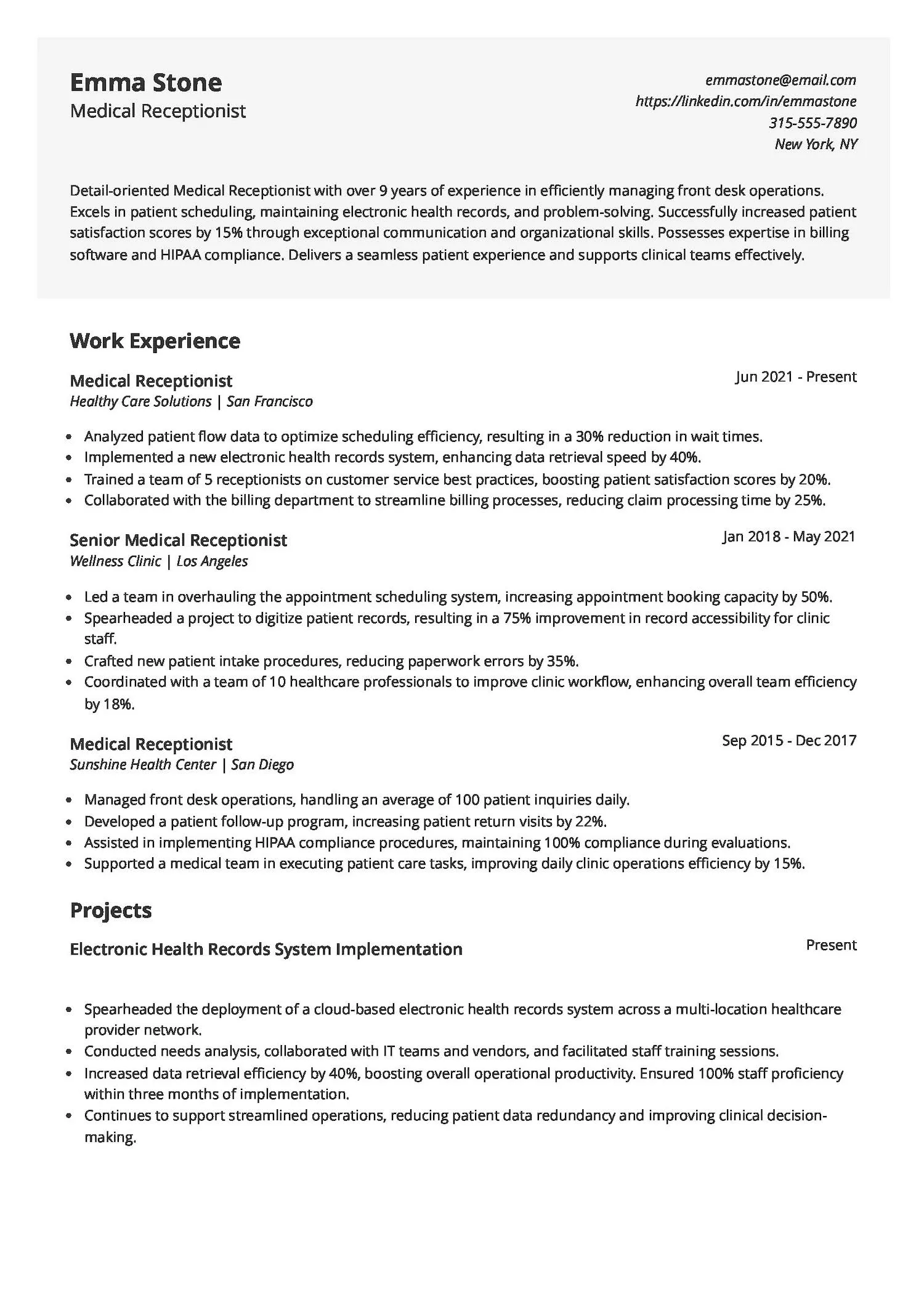 Medical Receptionist Resume