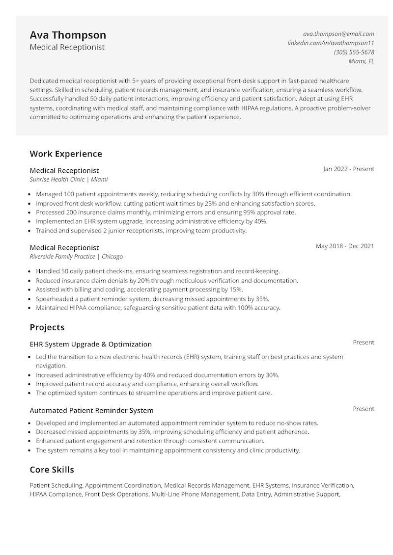Medical Receptionist Resume