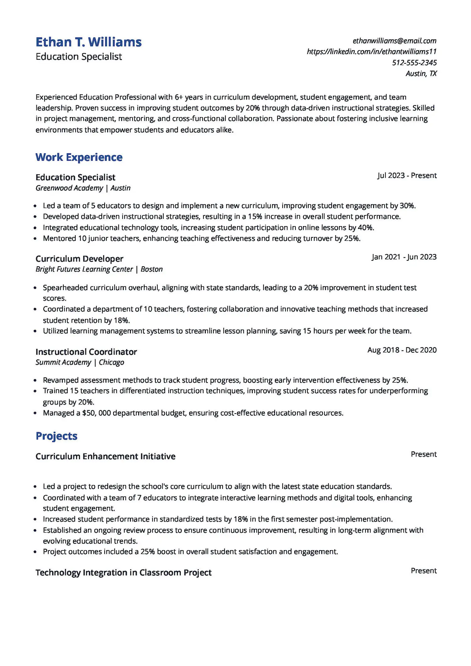 Mid-Career Education Resume