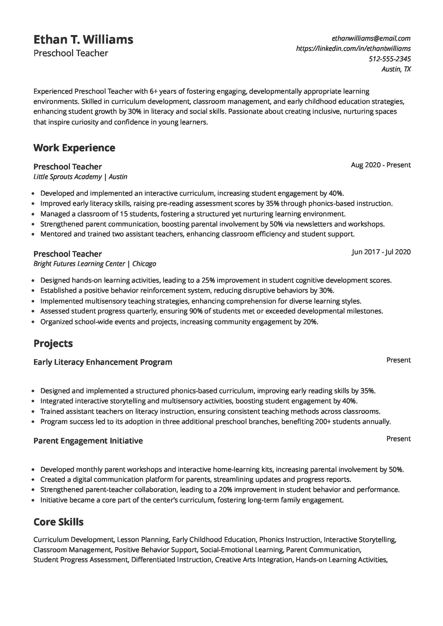 Mid-Career Preschool Teacher Resume