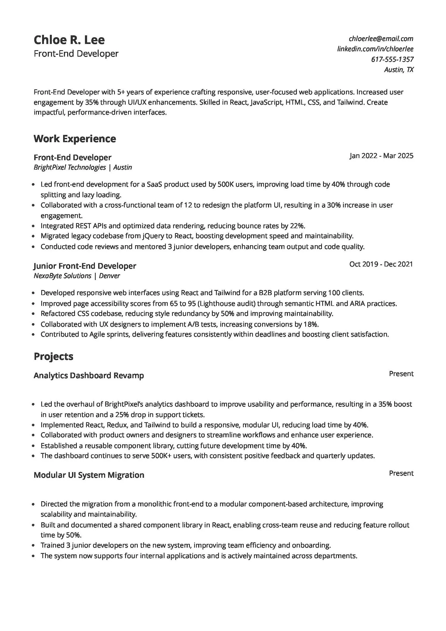 Mid-Level Front-End Developer Resume