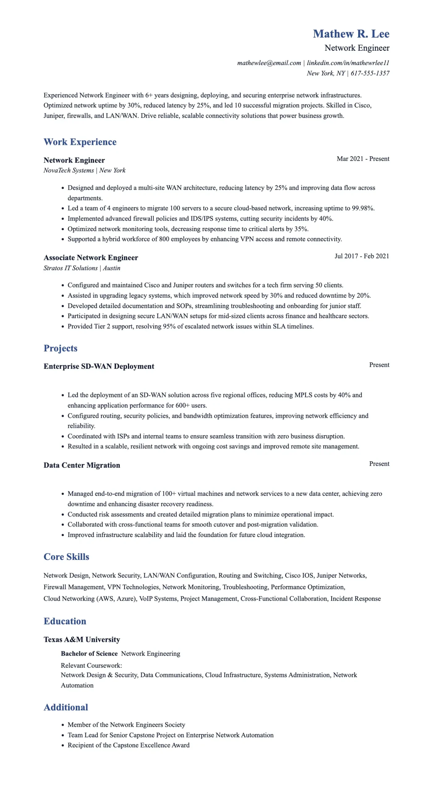 Best Network Engineer Resume Examples & Tips 2025