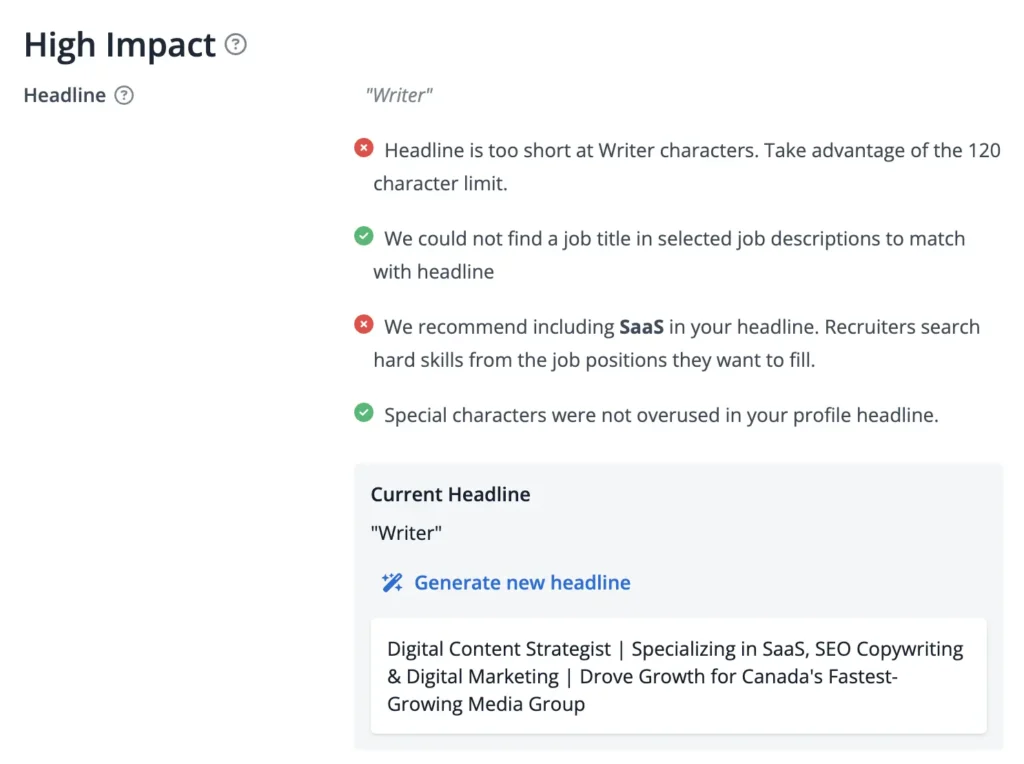 New headline from Jobscan's LinkedIn optimization tool