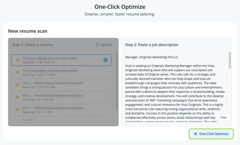 Step 2 of Jobscan's One-click Optimize, which requires pasting the job description of the desired position you're applying for.