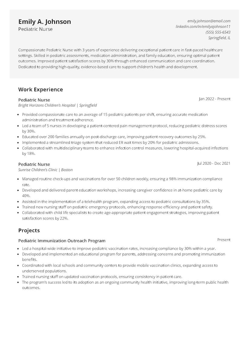 Pediatric Nurse Resume