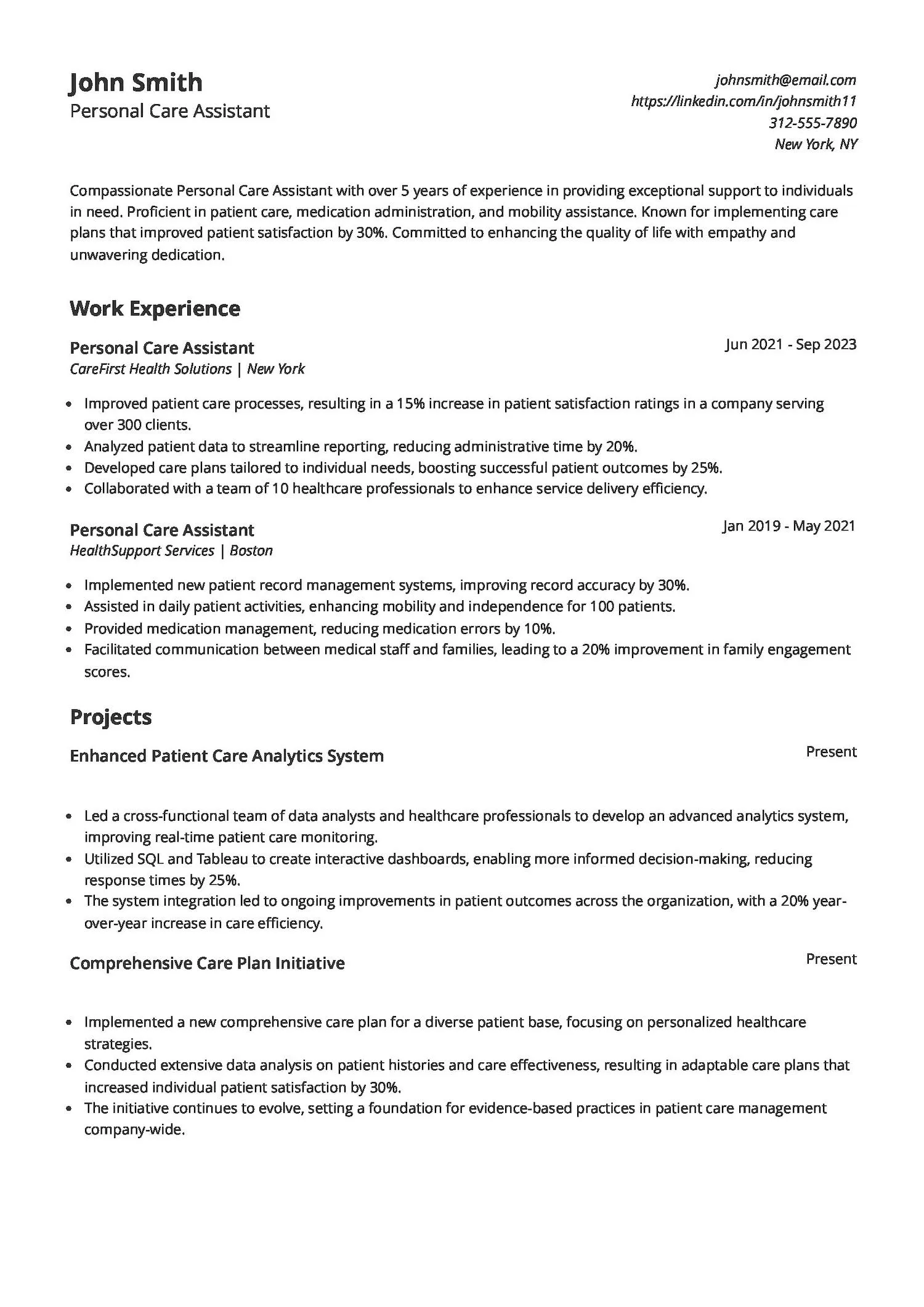 Personal Care Assistant Resume