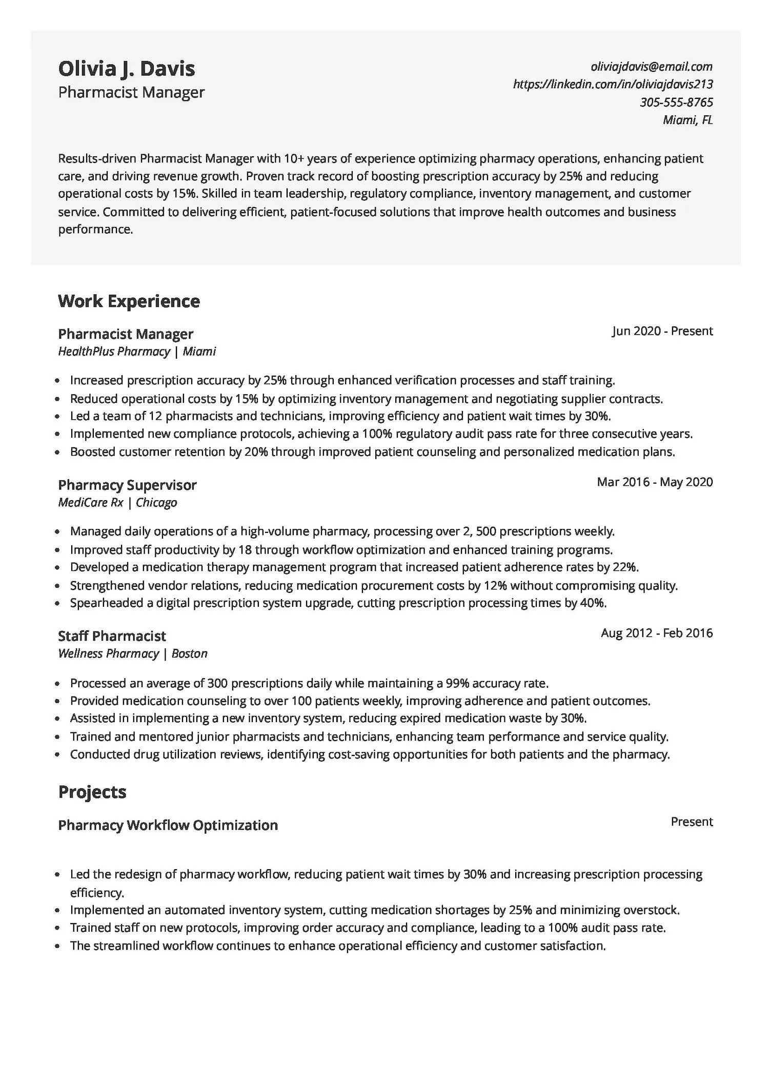 Pharmacist Manager Resume
