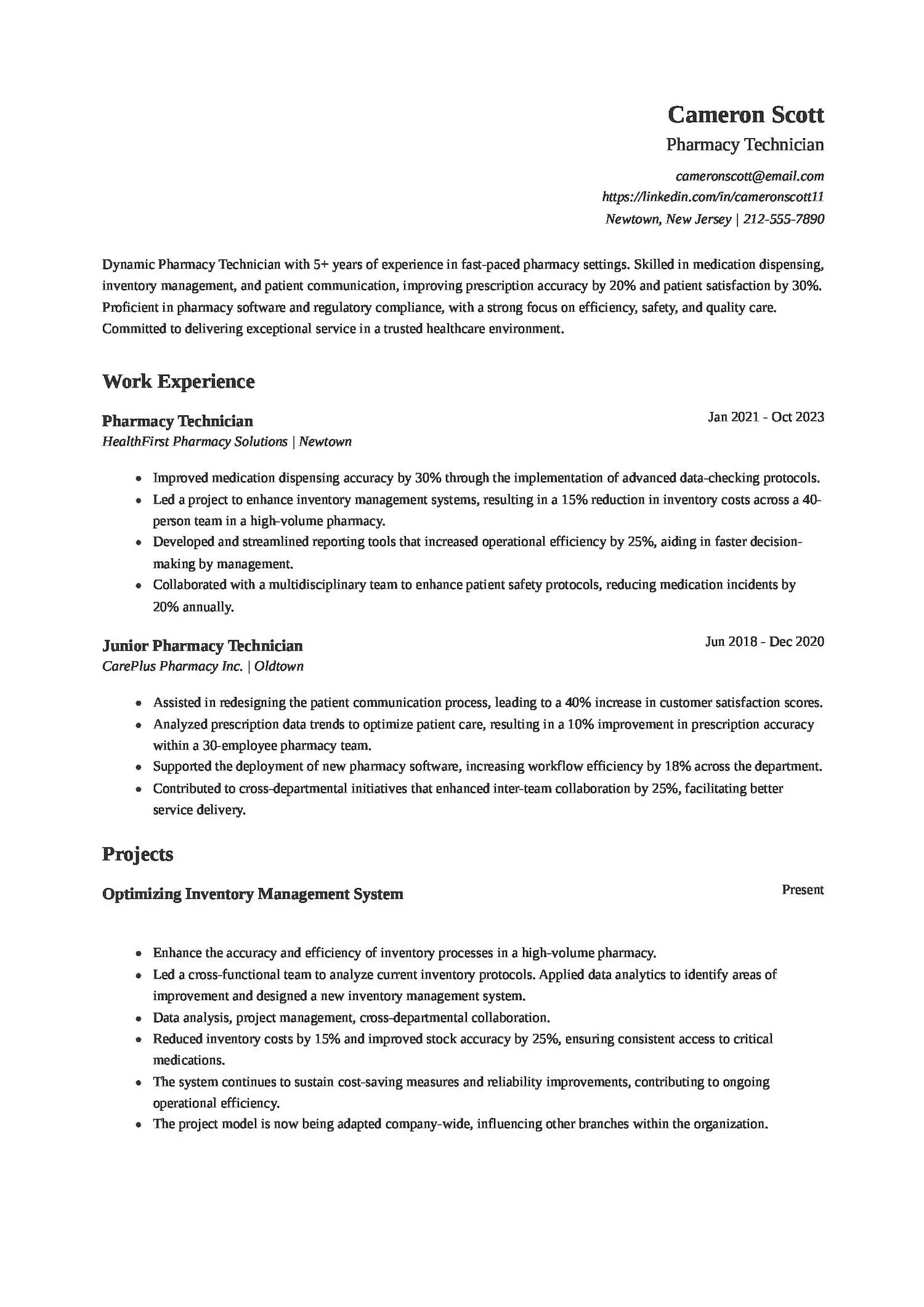 Pharmacy Technician Resume