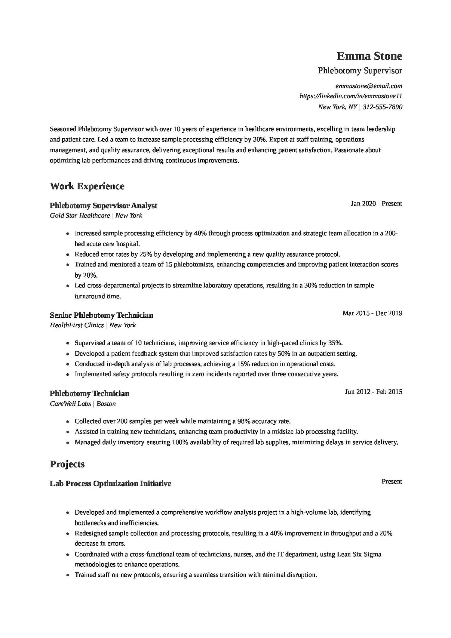 Phlebotomy Supervisor Resume