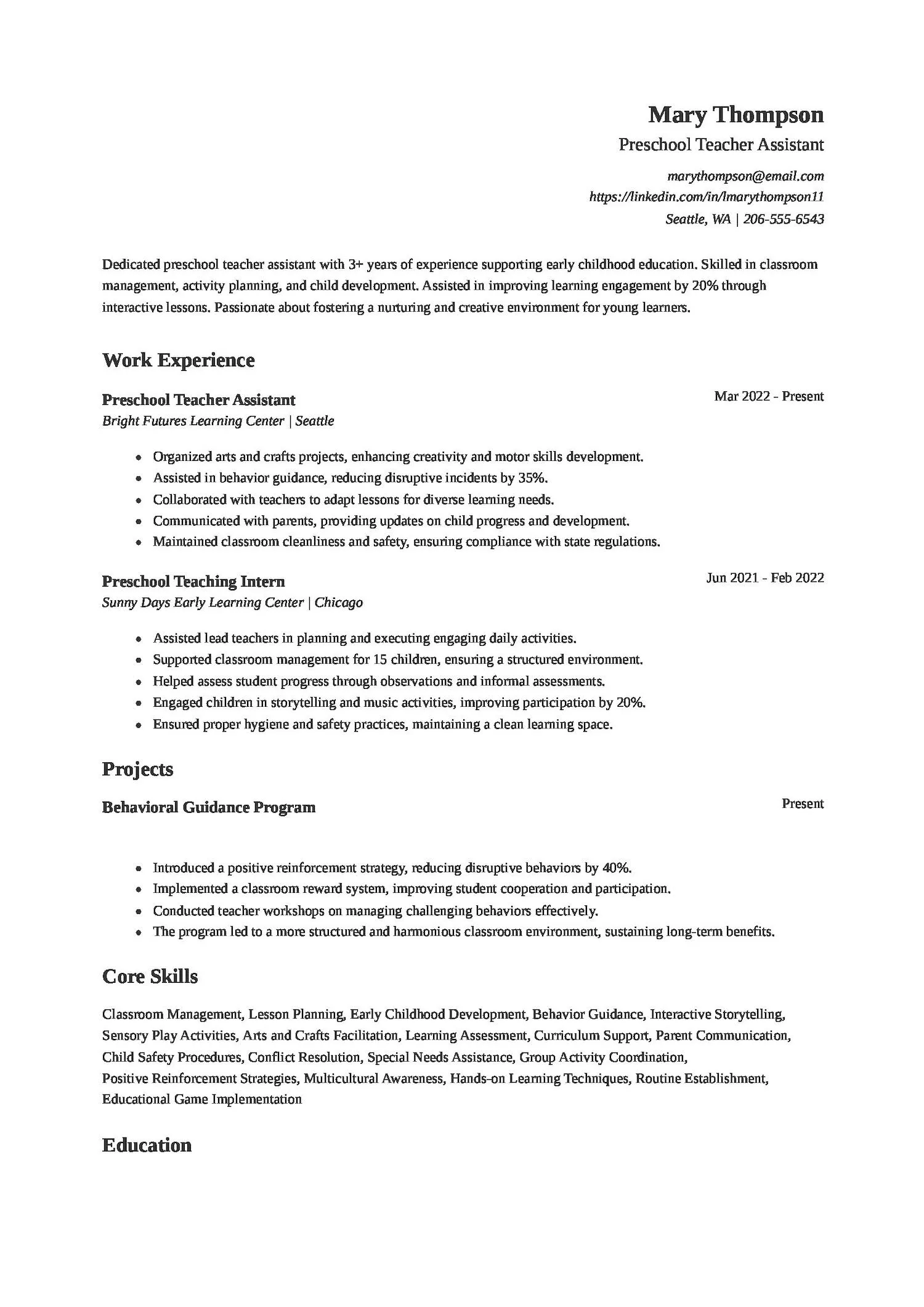 Preschool Teacher Assistant Resume