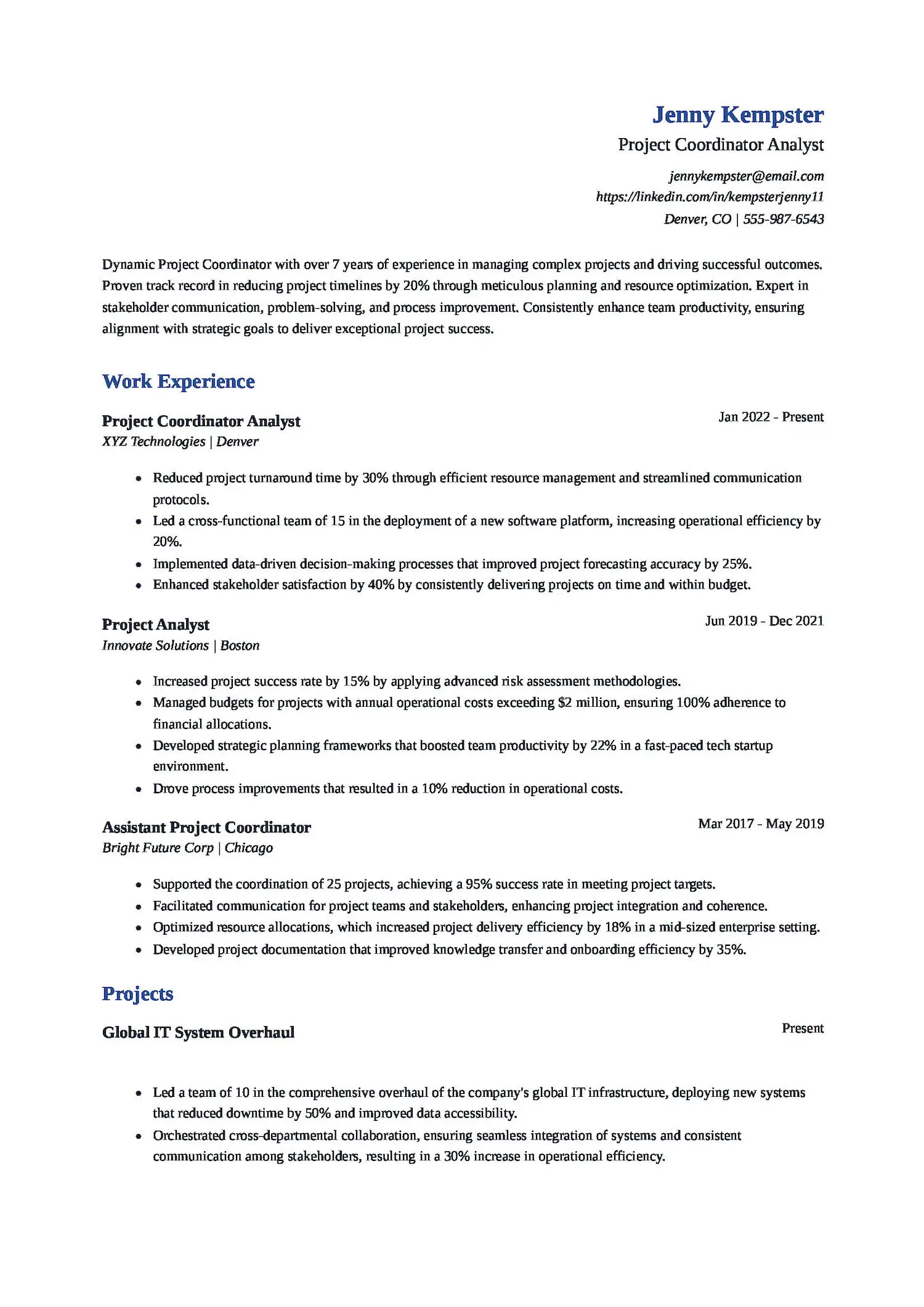 Project Coordinator Resume