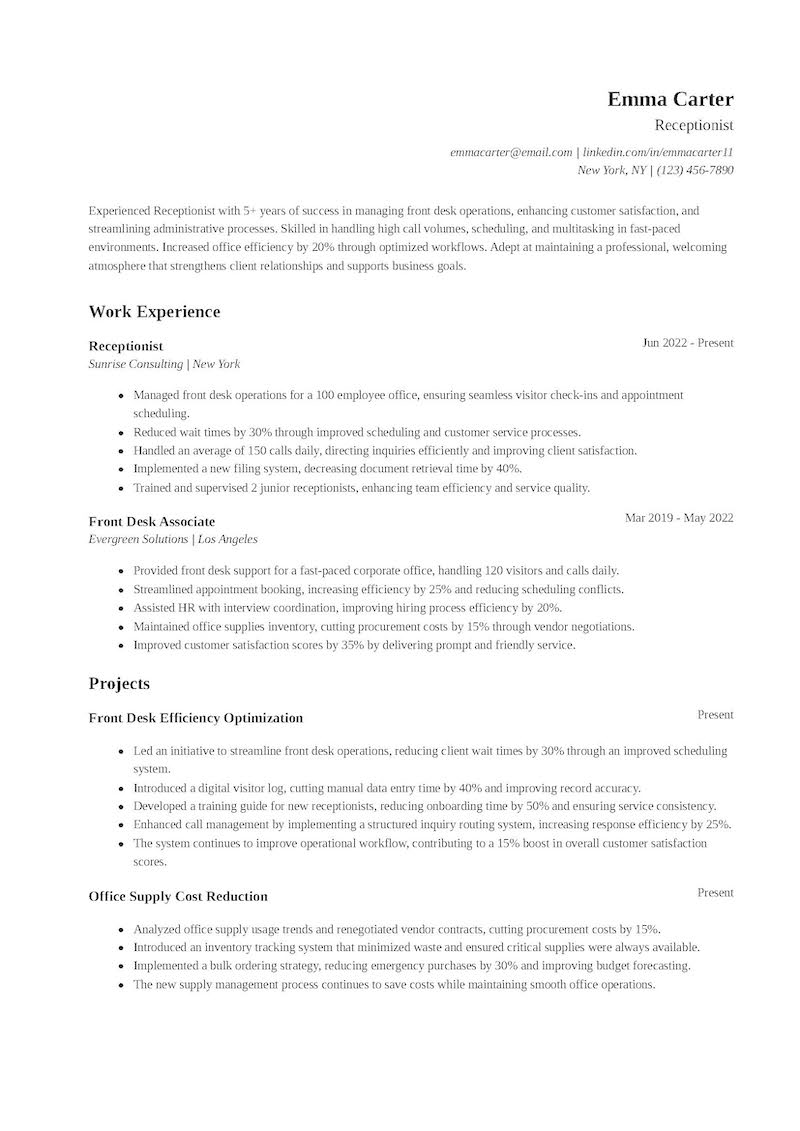 Receptionist Resume