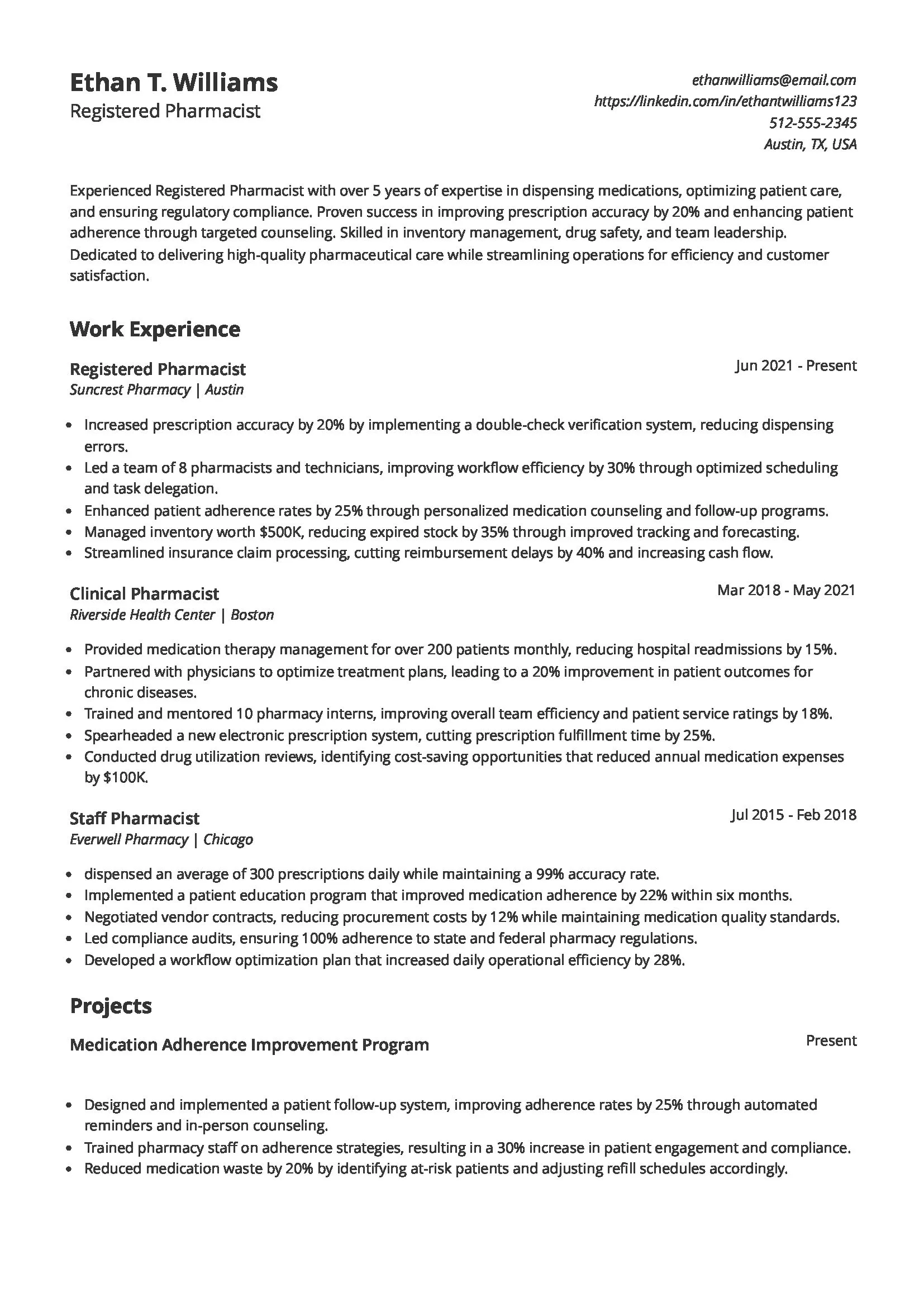 Registered Pharmacist Resume