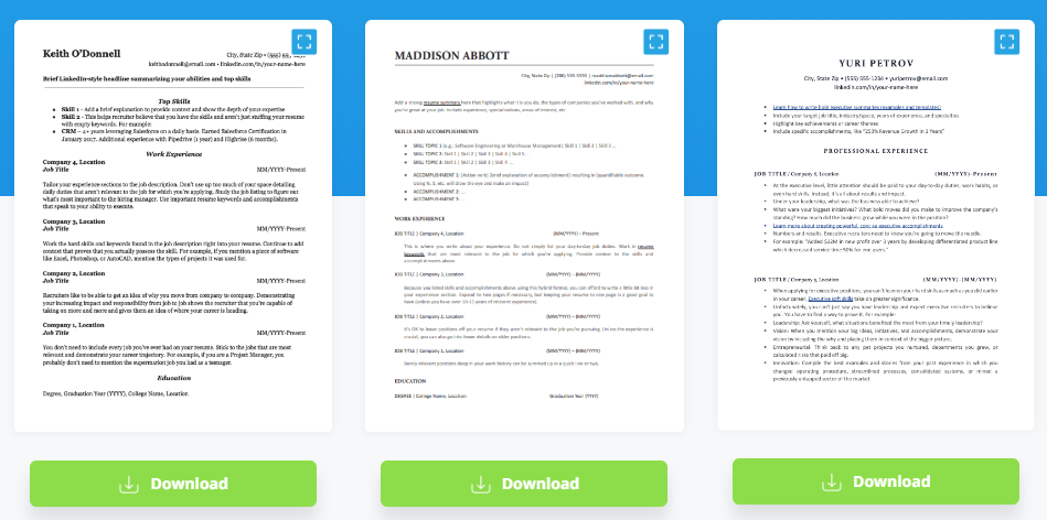 Three ATS-friendly professional resume templates.